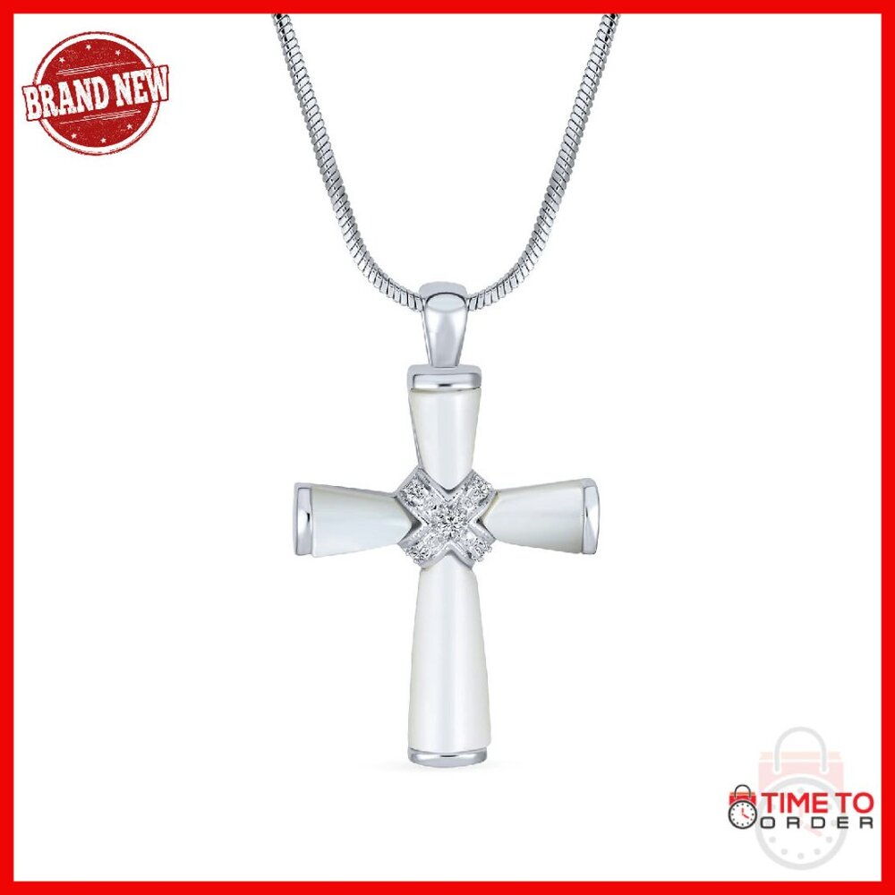 Mother Of Pearl Cross Pendant Necklace With Cz Stones, Snake Chain